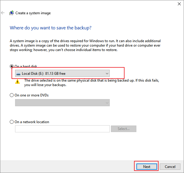 Choose where to save the backup