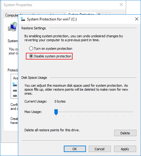 dsiable system restore