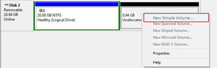 usb new simple volume grayed out