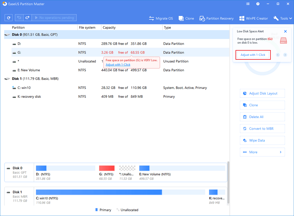 low disk space