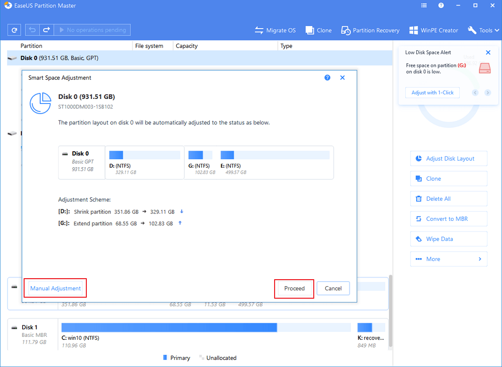 low disk space