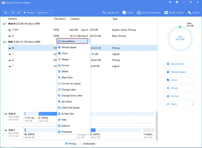 resize unallocated space